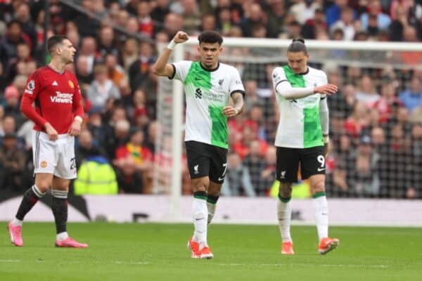 MANCHESTER, ENGLAND - Sunday, April 7, 2024: Liverpool's Luis Diaz celebrates scoring the opening goal during the FA Premier League match between Manchester United FC and Liverpool FC at Old Trafford (Photo by David Rawcliffe/Propaganda)