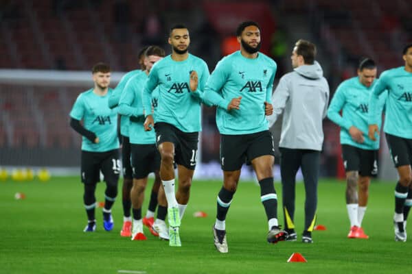 SOUTHAMPTON, ENGLAND - Tuesday, December 17, 2024: Liverpool's Joe Gomez during the pre-match warm-up before the Football League Cup Quarter-Final match between Southampton FC and Liverpool FC at St Mary's Stadium. (Photo by David Rawcliffe/Propaganda)