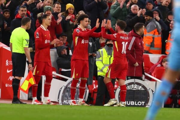 LIVERPOOL, ENGLAND - Wednesday, February 26, 2025: Liverpool substitutes Curtis Jones and Darwin Nunez during the FA Premier League match between Liverpool FC and Newcastle United FC at Anfield. (Photo by David Rawcliffe/Propaganda)