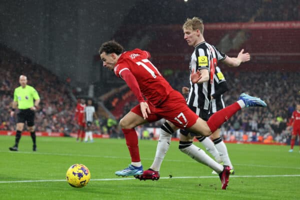 LIVERPOOL, ENGLAND - Monday, January 1, 2024: Curtis Jones and Anthony Gordon during the FA Premier League match between Liverpool FC and Newcastle United FC at Anfield. (Photo by David Rawcliffe/Propaganda)