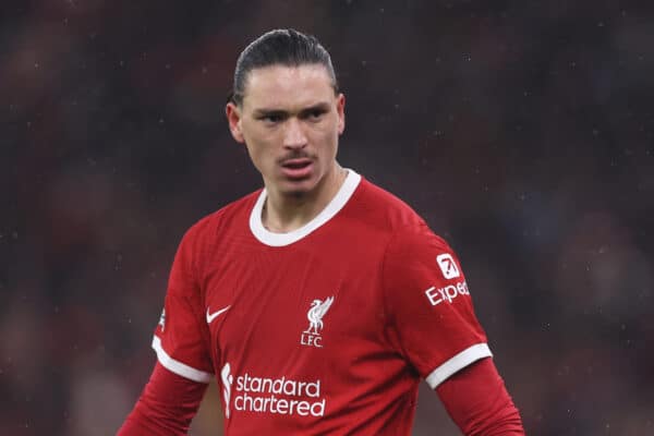 LIVERPOOL, ENGLAND - Monday, January 1, 2024: Darwin Nunez during the FA Premier League match between Liverpool FC and Newcastle United FC at Anfield. (Photo by David Rawcliffe/Propaganda)