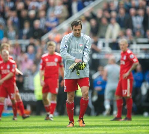 NEWCASTLE-UPON-TYNE, ENGLAND - Sunday, April 1, 2012: Liverpool's Jose Enrique is forced to go in goal after goalkeeper Jose Reina was sent off and his side had made all three substitutions during the Premiership match against Newcastle United at St James' Park. (Pic by David Rawcliffe/Propaganda)