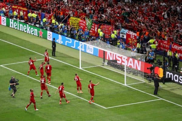 MADRID, SPAIN - JUNE 01: Liverpool players celebrate with their fans following the UEFA Champions League Final between Tottenham Hotspur and Liverpool at Estadio Wanda Metropolitano on June 01, 2019 in Madrid, Spain. (Photo by Matthew Lewis - UEFA/UEFA via Getty Images)