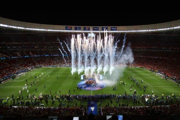 MADRID, SPAIN - JUNE 01: General view inside the stadium as Jordan Henderson of Liverpool lifts the Champions League Trophy after winning the UEFA Champions League Final between Tottenham Hotspur and Liverpool at Estadio Wanda Metropolitano on June 01, 2019 in Madrid, Spain. (Photo by Matthew Lewis - UEFA/UEFA via Getty Images)