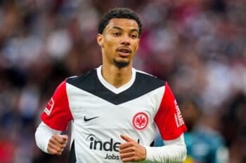 Frankfurt, Germany. 26th Apr, 2025. April 26 2025: Hugo Ekitike of Eintracht Frankfurt looks on during a 1. Bundesliga game, Eintracht Frankfurt vs RB Leipzig, at Deutsche Park, Frankfurt, Germany. Ulrik Pedersen/CSM/Sipa USA (Credit Image: © Ulrik Peders