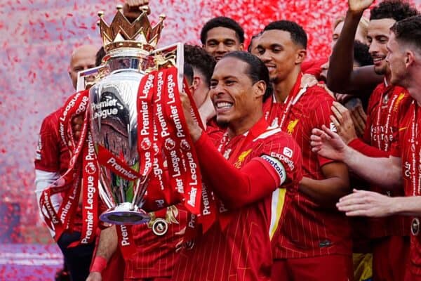 3BDPGMJ Liverpool's Virgil van Dijk and team-mates celebrate with the Premier League trophy after the Premier League match at Anfield, Liverpool. Picture date: Sunday May 25, 2025.