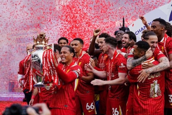 3BDPGMJ Liverpool's Virgil van Dijk and team-mates celebrate with the Premier League trophy after the Premier League match at Anfield, Liverpool. Picture date: Sunday May 25, 2025.