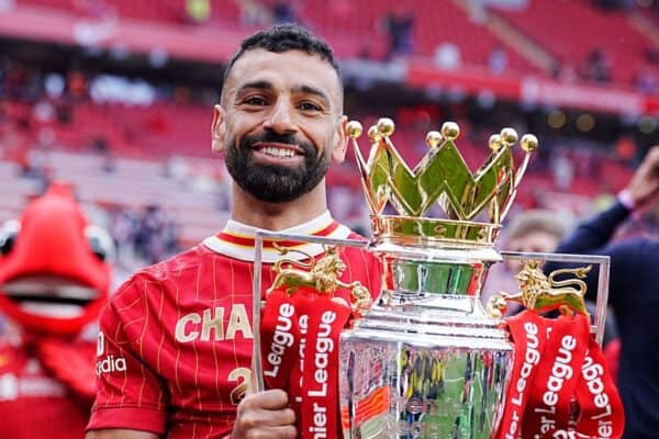 3BDPN3E Liverpool's Mohamed Salah celebrates with the Premier League trophy after the Premier League match at Anfield, Liverpool. Picture date: Sunday May 25, 2025.