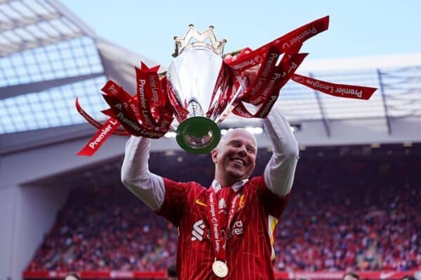 3BDPN6E Liverpool manager Arne Slot celebrates with the Premier League trophy after the Premier League match at Anfield, Liverpool. Picture date: Sunday May 25, 2025.