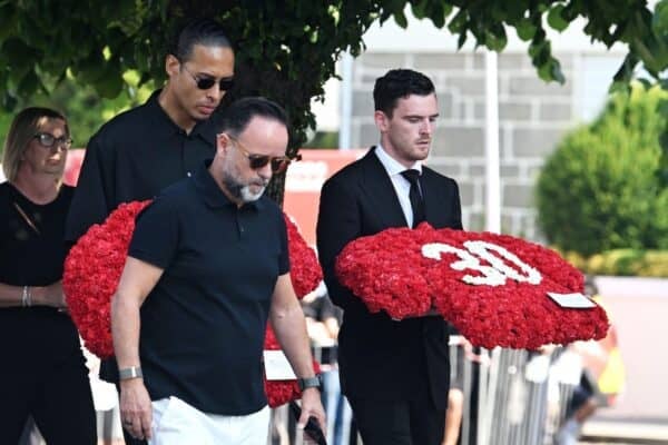 Liverpool's Virgil Van Dijk and Andy Robertson arrive at the funeral of Diogo Jota and Andre Silva being held at Igreja Matriz de Gondomar in the town of Gondomar near Porto. The Liverpool and Portugal forward died along with his younger brother Andre Silva in the accident in Zamora on Thursday morning. Picture date: Saturday July 5, 2025.