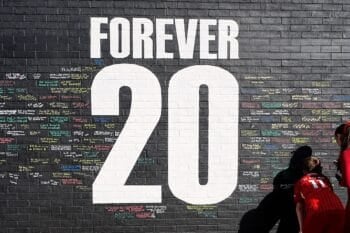 Fans sign a mural in memory of Liverpool player Diogo Jota, on Sybil Road near Anfield. The club, as well as fans and football as a whole, are in mourning after the 28-year-old Portugal Diogo Jota his brother Andre Silva were killed in a car crash in Spai