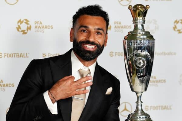 Mohamed Salah with his PFA Players' Player of the Year Award during the PFA Awards 2025 at Manchester Opera House. Picture date: Tuesday August 19, 2025. (PA Images)