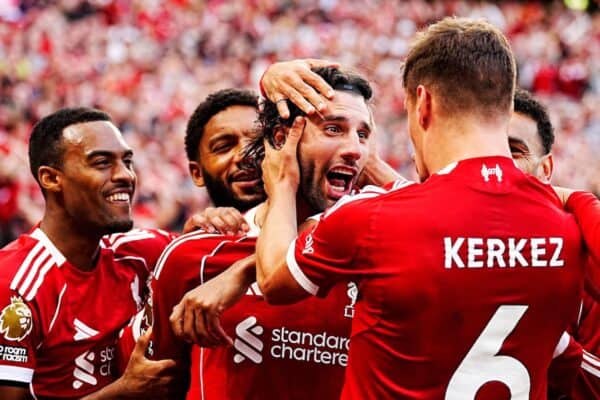 3CH5TTC Liverpool's Dominik Szoboszlai (centre right) celebrates scoring their side's first goal with team-mates during the Premier League match at Anfield, Liverpool. Picture date: Sunday August 31, 2025.