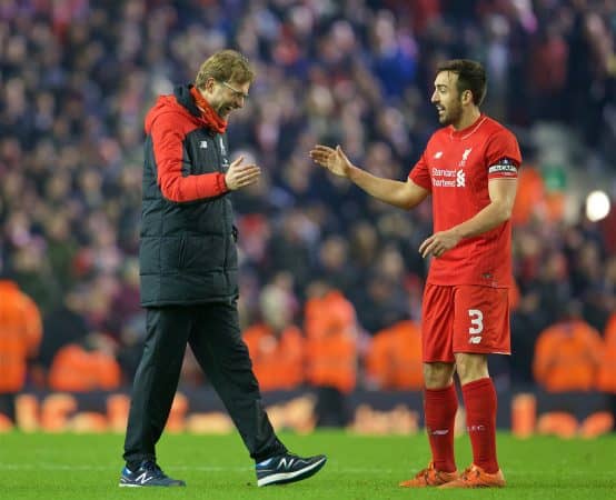 LIVERPOOL, ENGLAND - Wednesday, January 20, 2016: Liverpool's manager Jürgen Klopp shares a laugh with Jose Enrique after the 3-0 victory over Exeter City during the FA Cup 3rd Round Replay match at Anfield. (Pic by David Rawcliffe/Propaganda)