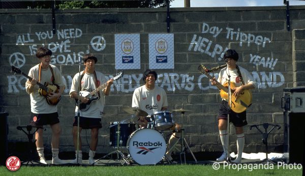 Liverpool players pose as The Beatles to launch the new Reebok ecru away kit at the club's Melwood Training Ground. Steve McManaman, Rob Jones, Stan Collymore, Jason McAteer. (Pic by David Rawcliffe/Propaganda)