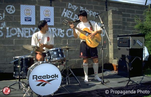 Liverpool's Stan Collymore and Jason McAteer pose as The Beatles to launch the new Reebok ecru away kit at the club's Melwood Training Ground. (Pic by David Rawcliffe/Propaganda)