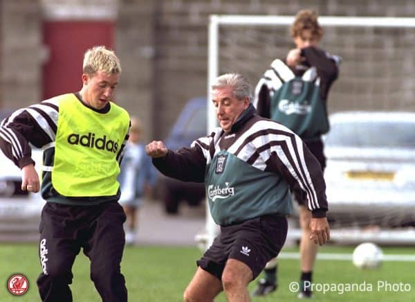 Liverpool's Robbie Fowler (L) and manager Roy Evans during a training session at Melwood Training Ground.