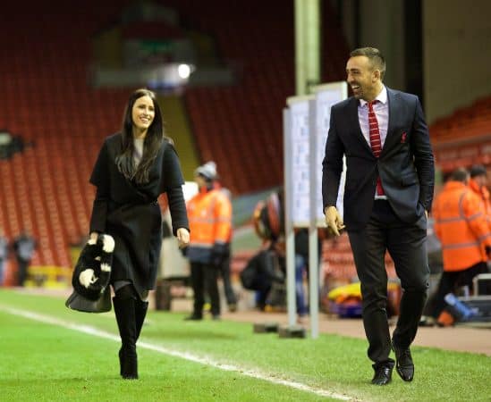 LIVERPOOL, ENGLAND - Wednesday, March 4, 2015: Liverpool's Jose Enrique and his partner leave the stadium after the 2-0 victory over Burnley during the Premier League match at Anfield. (Pic by David Rawcliffe/Propaganda)