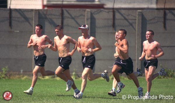 Liverpool players train shirtless on a hot day at the club's Melwood Training Ground. L-R Jamie Carragher, Dominic Matteo, Mark Wright, xxxx, xxxx, xxxx. (Pic by David Rawcliffe/Propaganda)