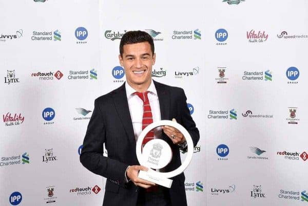 LIVERPOOL, ENGLAND - MAY 19: (THE SUN OUT, THE SUN ON SUNDAY OUT) Philippe Coutinho of Liverpool poses for a photograph after winning the players player of the year award during the Liverpool Player of the Year Awards on May 19, 2015 in Liverpool, England. (Photo by Andrew Powell/Liverpool FC via Getty Images) *** Local Caption *** Philippe Coutinho