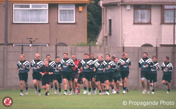 Liverpool players during a training session at the club's Melwood Training Ground. Rob Jones, Mark Wright, Sammy Lee, Ian Rush, Lee Jones, Jan Mølby, Ashley Neal, Stig Inge Bjørnebye, Stan Collymore, Michael Stensgaard, Nigel Clough, John Scales, Neil Ruddock, Steve McManaman, Jamie Redknapp. (Pic by David Rawcliffe/Propaganda)