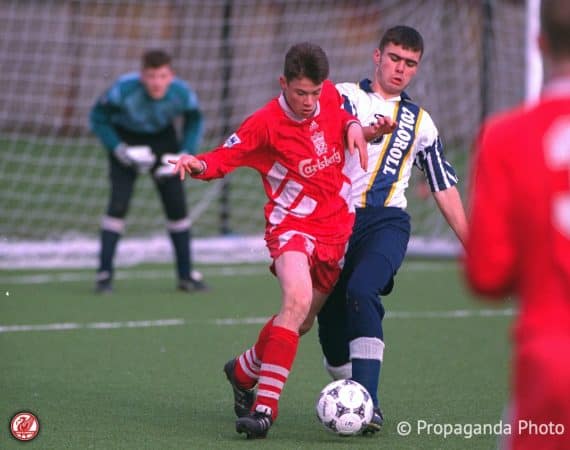 Liverpool's Jamie Carragher in action against Preston North End on the artifical pitch at Melwood Training Ground.