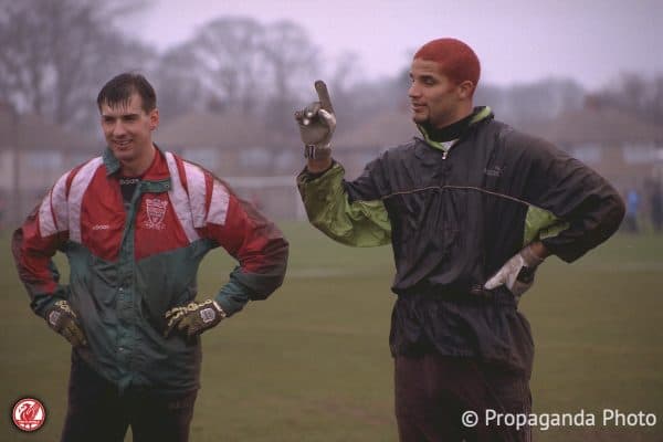 Liverpool's goalkeepers Alex Chamberlain (L) and David James at the club's Melwood Training Ground. (Pic by David Rawcliffe/Propaganda).