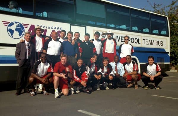 RUSTENBURG, REPUBLIC OF SOUTH AFRICA - Tuesday, May 24, 1994: Liverpool players and staff at the Suncity resort in South Africa during an end-of-season tour. Back row L-R: manager Roy Evans, Neil Ruddock, coach Ronnie Moran, Don Hutchinson, Steve Nicol, Ashley Neal, Phil Charnock, physio Max Thompson, David James, Rob Jones. Front row L-R: Michael Thomas, coach Sammy Lee, Lee Jones, Iain Brunskill, Andrew Harris, John Barnes, Nigel Clough. (Pic by David Rawcliffe/Propaganda)