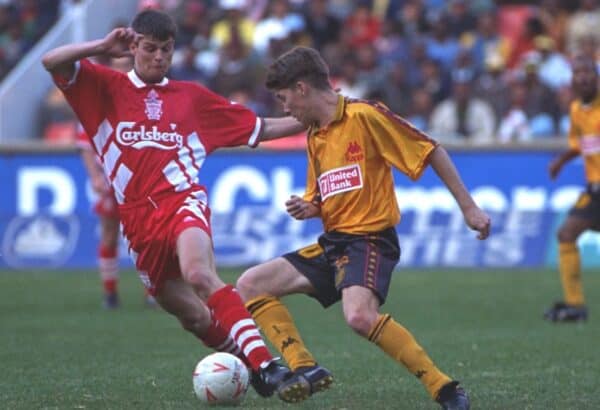 JOHANNESBURG, REPUBLIC OF SOUTH AFRICA - Sunday, May 29, 1994: Liverpool's Phil Charnock in action against the Iwisa Kaizer Chiefs during the United Bank Soccer Festival friendly match at Ellis Park Stadium. (Pic by David Rawcliffe/Propaganda)