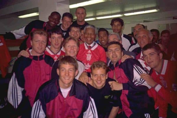 JOHANNESBURG, REPUBLIC OF SOUTH AFRICA - Sunday, May 29, 1994: Life-long Liverpool FC supporter and newly elected President of the Republic of South Africa Nelson Mandela meet the Liverpool players during the United Bank Soccer Festival friendly match at Ellis Park Stadium. (Pic by David Rawcliffe/Propaganda)..Michael Thomas, Lee Jones, Ashley Neal, David James, Bruce Grobbelaar, Steve Nicol, Robbie Fowler, Sammy Lee, Phil Charnock, Nelson Mandela, John Barnes, Roy Evans, Ronnie Moran, Andrew Harris, Lee Jones, Neil Ruddock, Dominic Matteo.