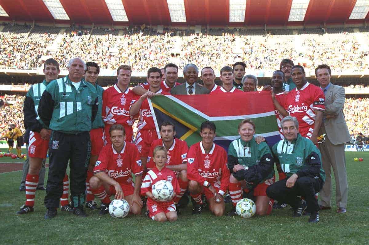 JOHANNESBURG, REPUBLIC OF SOUTH AFRICA - Sunday, May 29, 1994: Life-long Liverpool FC supporter and newly elected President of the Republic of South Africa Nelson Mandela meet the Liverpool players during the United Bank Soccer Festival friendly match at Ellis Park Stadium. (Pic by David Rawcliffe/Propaganda)..Back row L-R: Andrew Harris, coach Ronnie Moran, Iain Brunskill, Steve Nicol, Nigel Clough, Neil Ruddock, president of South Africa Nelson Mandela, Ashley Neal, Phil Charnock, David James, Michael Thomas, physio Max Thompson, John Barnes. Front row L-R: Rob Jones, Don Hutchinson, Lee Jones, coach Sammy Lee, manager Roy Evans.