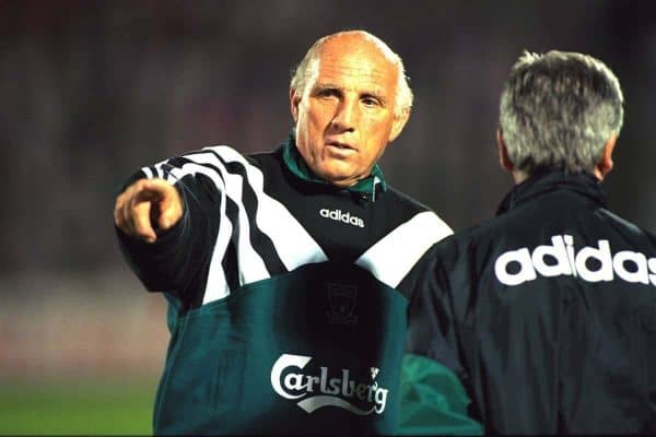 VLADIKAVKAZ, RUSSIA - Monday, September 11, 1995: Liverpool's coach Ronnie Moran training at the Republican Spartak Stadium ahead of the UEFA Cup 1st Round 1st Leg match against FC Alania Spartak Vladikavkaz. (Photo by David Rawcliffe/Propaganda)