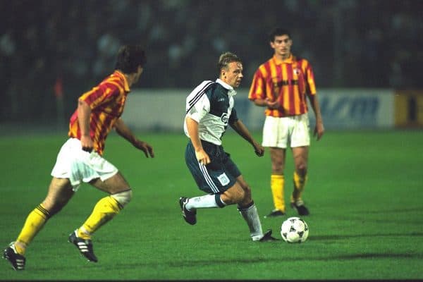 VLADIKAVKAZ, RUSSIA - Tuesday, September 12, 1995: Liverpool's Rob Jones in action against FC Alania Spartak Vladikavkaz during the UEFA Cup 1st Round 1st Leg match at the Republican Spartak Stadium. (Photo by David Rawcliffe/Propaganda)