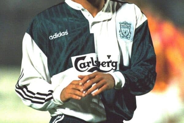 VLADIKAVKAZ, RUSSIA - Tuesday, September 12, 1995: Liverpool's Stan Collymore in action against FC Alania Spartak Vladikavkaz during the UEFA Cup 1st Round 1st Leg match at the Republican Spartak Stadium. (Photo by David Rawcliffe/Propaganda)