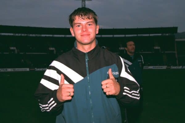 VLADIKAVKAZ, RUSSIA - Tuesday, September 12, 1995: Liverpool's Phil Charnock before the UEFA Cup 1st Round 1st Leg match against FC Alania Spartak Vladikavkaz at the Republican Spartak Stadium. (Photo by David Rawcliffe/Propaganda)
