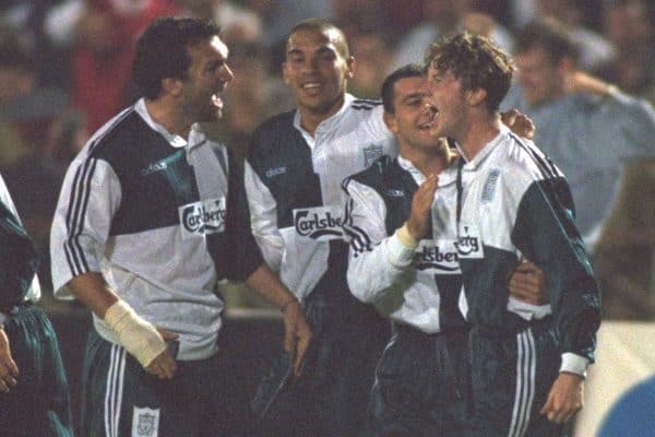 VLADIKAVKAZ, RUSSIA - Tuesday, September 12, 1995: Liverpool's Steve McManaman celebrates scoring the equalising goal against FC Alania Spartak Vladikavkaz with his team-mates Neil Ruddock, Steve Harkness and Stan Collymore during the UEFA Cup 1st Round 1st Leg match at Republican Spartak Stadium. (Photo by David Rawcliffe/Propaganda)