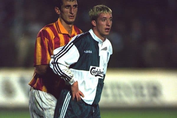 VLADIKAVKAZ, RUSSIA - Tuesday, September 12, 1995: Liverpool's Robbie Fowler in action against FC Alania Spartak Vladikavkaz during the UEFA Cup 1st Round 1st Leg match at Republican Spartak Stadium. (Photo by David Rawcliffe/Propaganda)