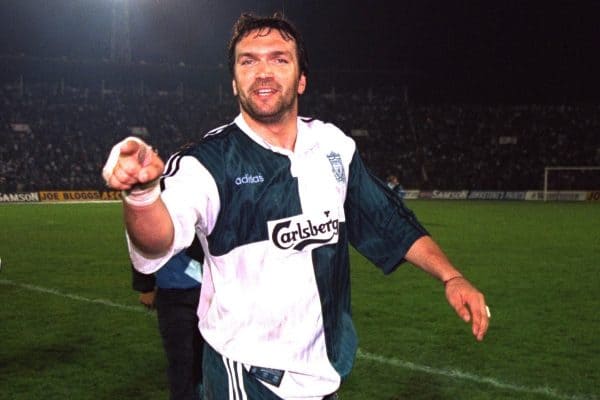 VLADIKAVKAZ, RUSSIA - Tuesday, September 12, 1995: Liverpool's Neil Ruddock celebrates after a 2-1 victory over FC Alania Spartak Vladikavkaz during the UEFA Cup 1st Round 1st Leg match at Republican Spartak Stadium. (Photo by David Rawcliffe/Propaganda)