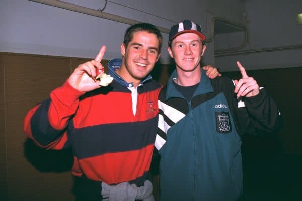 VLADIKAVKAZ, RUSSIA - Tuesday, September 12, 1995: Liverpool's goal-scorers Jamie Redknapp and Steve McManaman celebrate after a 2-1 victory over FC Alania Spartak Vladikavkaz during the UEFA Cup 1st Round 1st Leg match at Republican Spartak Stadium. (Photo by David Rawcliffe/Propaganda)