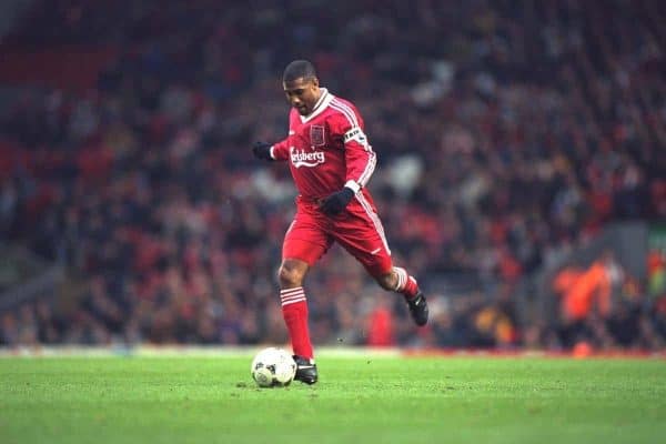 LIVERPOOL, ENGLAND - Saturday, January 6, 1996: Liverpool's John Barnes in action against Rochdale during the FA Cup 3rd Round match at Anfield. (Photo by David Rawcliffe/Propaganda)