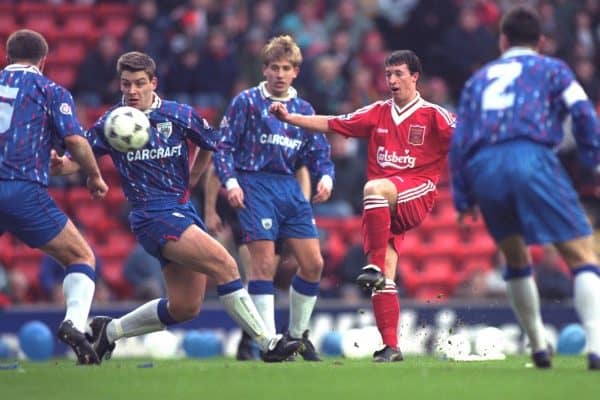 LIVERPOOL, ENGLAND - Saturday, January 6, 1996: Liverpool's Robbie Fowler in action against Rochdale during the FA Cup 3rd Round match at Anfield. (Photo by David Rawcliffe/Propaganda)