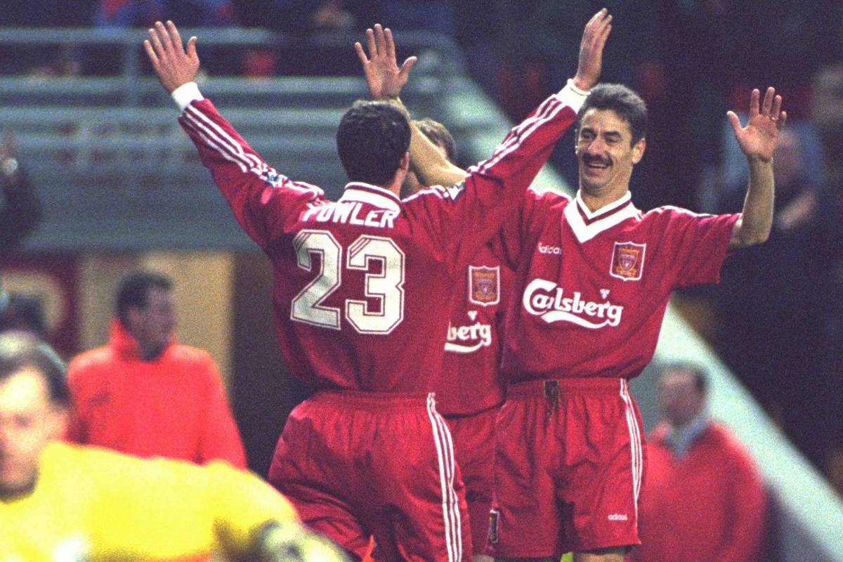 LIVERPOOL, ENGLAND - Saturday, January 6, 1996: Liverpool's Ian Rush celebrates scoring the fifth goal against Rochdale with team-mate Robbie Fowler during the FA Cup 3rd Round match at Anfield. Rush set a new cup record by scoring his 42nd FA Cup goal, beating the record held by Dennis Law. (Photo by David Rawcliffe/Propaganda)