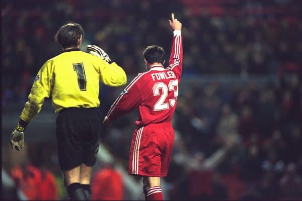 LIVERPOOL, ENGLAND - Saturday, January 6, 1996: Liverpool's Robbie Fowler in action against Rochdale during the FA Cup 3rd Round match at Anfield. (Photo by David Rawcliffe/Propaganda)