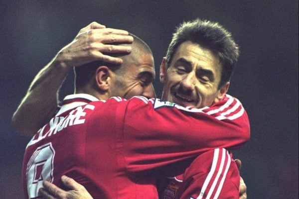 LIVERPOOL, ENGLAND - Saturday, January 6, 1996: Liverpool's Stan Collymore celebrates scoring the third of his hat-trick of goals with team-mate Ian Rush against Rochdale during the FA Cup 3rd Round match at Anfield. (Photo by David Rawcliffe/Propaganda)