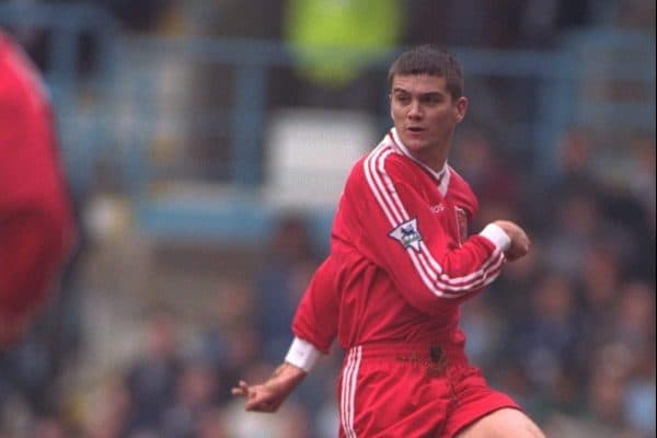 COVENTRY, ENGLAND - Saturday, April 6, 1996: Liverpool's Dominic Matteo in action against Coventry City during the Premiership match at Highfield Road. Coventry won 1-0. (Pic by David Rawcliffe/Propaganda)