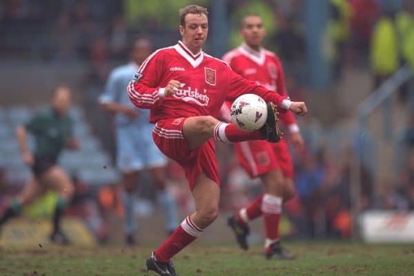 COVENTRY, ENGLAND - Saturday, April 6, 1996: Liverpool's Rob Jones in action against Coventry City during the Premiership match at Highfield Road. Coventry won 1-0. (Pic by David Rawcliffe/Propaganda)