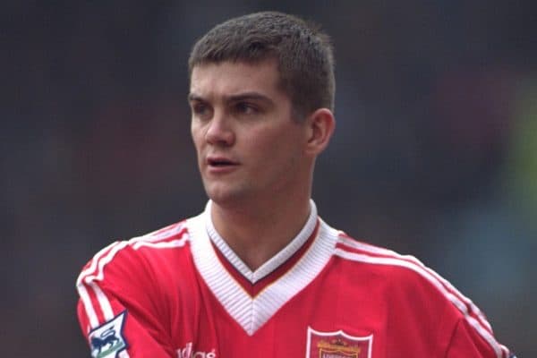 COVENTRY, ENGLAND - Saturday, April 6, 1996: Liverpool's Dominic Matteo in action against Coventry City during the Premiership match at Highfield Road. Coventry won 1-0. (Pic by David Rawcliffe/Propaganda)