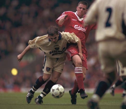 LIVERPOOL, ENGLAND - MAY 1996: Liverpool's Jamie Carragher in action against West Ham United during the FA Youth Cup Final 2nd Leg at Anfield. (Pic by David Rawcliffe/Propaganda)