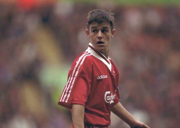 LIVERPOOL, ENGLAND - MAY 1996: Liverpool's David Thompson in action against West Ham United during the FA Youth Cup Final 2nd Leg at Anfield. (Pic by David Rawcliffe/Propaganda)