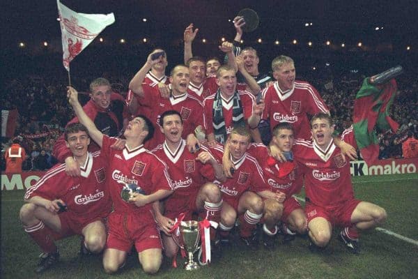 LIVERPOOL, ENGLAND - MAY 1996: Liverpool's players celebrate winning the FA Youth Cup after beating West Ham United during the Final 2nd Leg at Anfield. (Pic by David Rawcliffe/Propaganda)..Back row L-R: Ian Dunbavin, Jamie Carragher, Lee Prior, Jamie Cassidy, Mark Quinn, Gareth Roberts, Roy Naylor, Mark Turkington. Front row L-R: Jon Newby, David Thompson, Phil Brazier, Andy Parkinson, Michael Owen and Stuart Quinn.